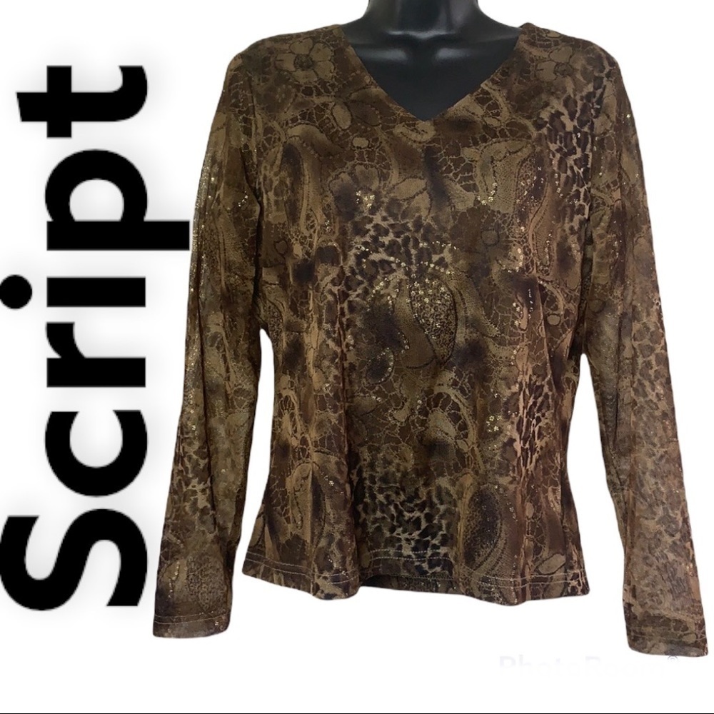 Script Brown Floral Glittery Print Long Sleeve Semi-Sheer blouse